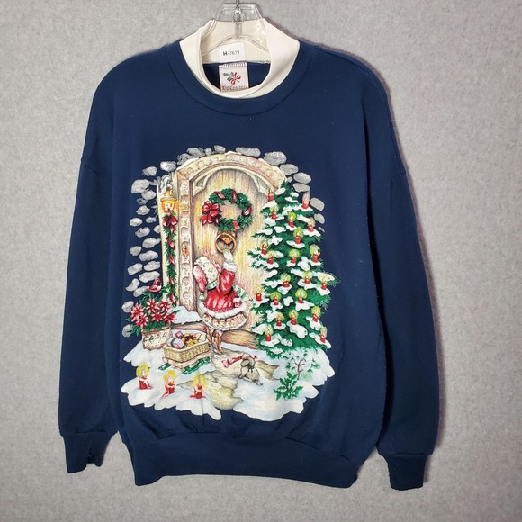 VINTAGE Nut Cracker Women Sweater Large Blue Little Girl Holiday Graphic 80s - Picture 1 of 7
